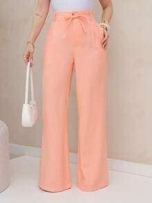 FASHION MO, REF: H995 - Women's Casual High Waist Solid Pants With Straight Tie And Adjustable Waist Belt, Fashionable Wide Leg Women's Pants, Suitable For Autumn And Winter Daily Wear, Office And Family Gatherings (The Pants Are Not Stretchy) - 橘色 - 查看 1