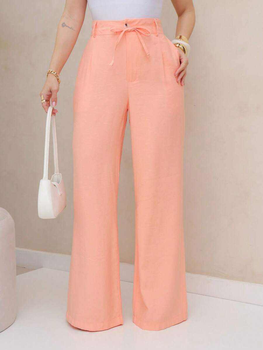 FASHION MO, REF: H995 - Women's Casual High Waist Solid Pants With Straight Tie And Adjustable Waist Belt, Fashionable Wide Leg Women's Pants, Suitable For Autumn And Winter Daily Wear, Office And Family Gatherings (The Pants Are Not Stretchy) - 橘色 - 查看 1