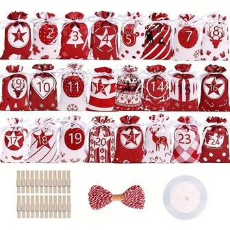 24/48pcs Beautiful Red And White Christmas Advent Calendar Bags - Hanging Drawstring Bags With Numbers 1-24 For Gift Exchange, Christmas Decorations, Christmas Gift Bags, Christmas Bags For Secret Santa Gift.