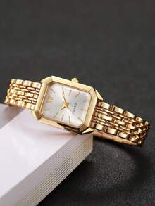 6pcs/Set Women's Gift Watch With Steel Band, Fashionable Square Roman Numeral Dial Quartz Wrist Watch + Heart Jewelry Set (Watch Box Not Included)