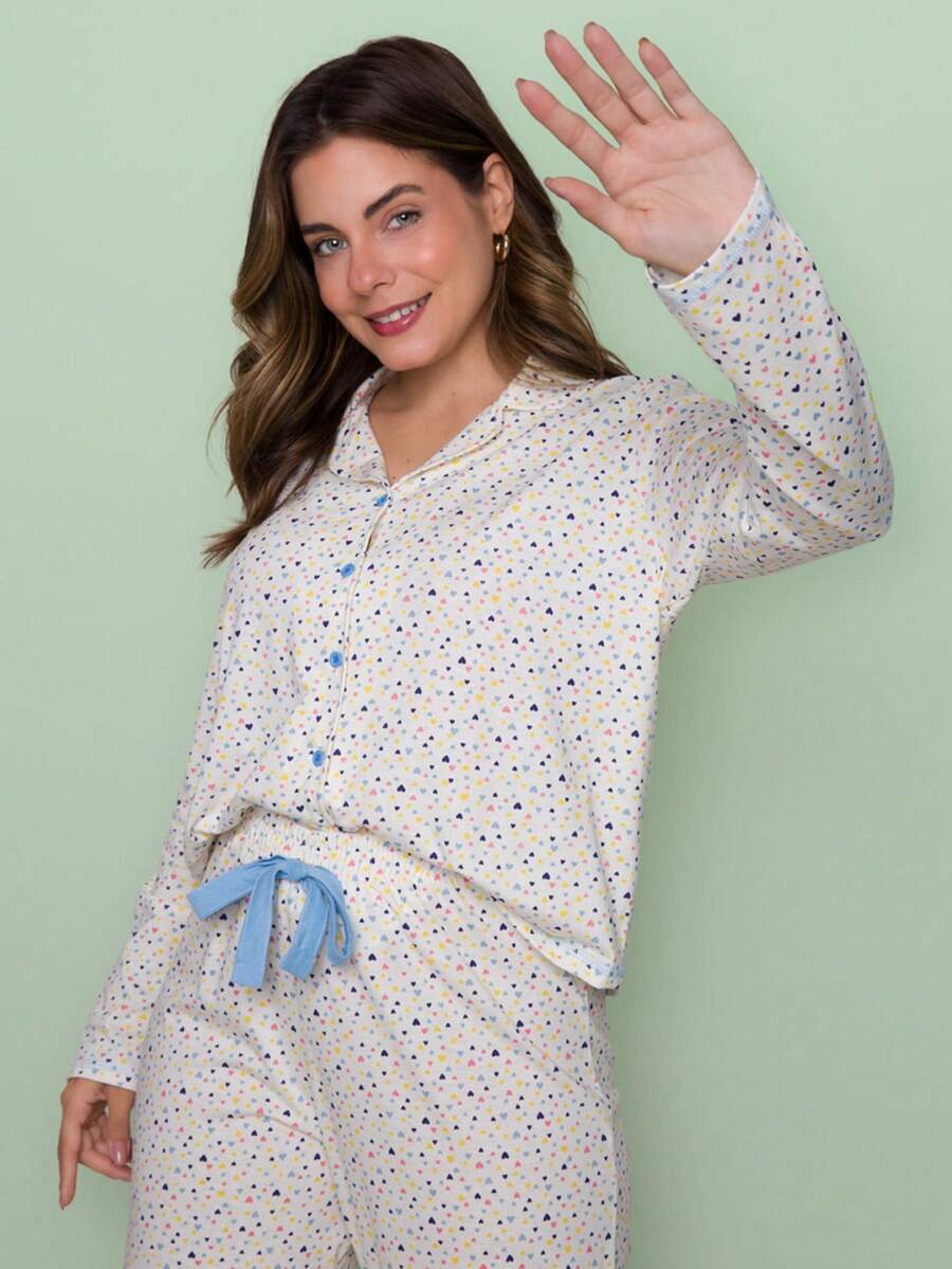 American Long Cotton Pajamas Small Hearts - White - View 1