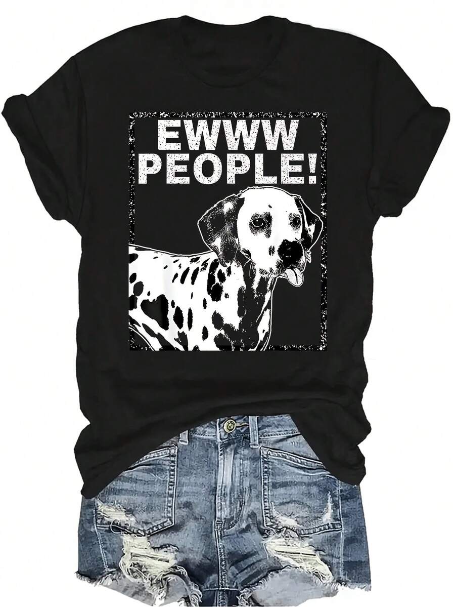 Camiseta unisex de estilo casual y transpirable con estampado de perro dálmata sacando la lengua, de cuello redondo y manga corta, adecuada para adolescentes y adultos - Negro - Ver 1
