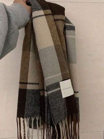 1条女士时尚韩版格子围巾，秋冬季保暖时尚流苏学生围巾，加厚长围巾，男女情侣披肩，连衣裙