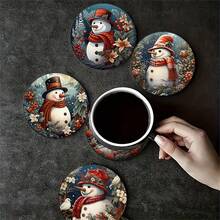 6pcs/Set Or 420pcs/70sets Winter Snowman & Berry Floral Print Drink Coasters, 10cm/2mm Thick Rubber Soft Bottom Round Absorbent Rubber Drink Coasters, Soft Rubber Backing, Decorative Coasters, Suitable For Cups, Home Kitchen Dining Table Decor, Kitchen Decor, Dining Table Decor - ZBD-263 - View 8