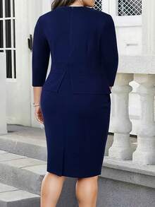 HOMEYEE فستان كاجوال متوسط الطول بياقة مربعة، أكمام ثلاثة أرباع، 2 في 1، فينتاج، أنيق، للمكتب، مقاسات كبيرة، للربيع - أزرق بحري - مشاهدة 3