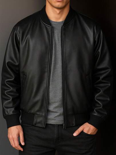 Men's Casual Baseball Collar Leather Jacket, Thin Lightweight Zip-Up Long Sleeve Leather Bomber Jacket, Fashionable For Spring & Autumn