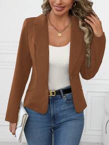 女士优雅休闲纯色运动夹克，适合秋季通勤和商务穿着，女士商务休闲秋季穿搭，女士冬季外套 - 棕色 - 查看 6