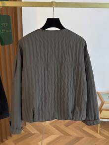 Women's Casual Jacket, Striped Woven Fabric, Pockets, Zipper, Puff Shoulder Design, Oversized Fit, Suitable For Various Figures, High-Quality Solid Color, Simple & Fashionable, Versatile For Daily Commute In Autumn/Winter - Grey - View 10