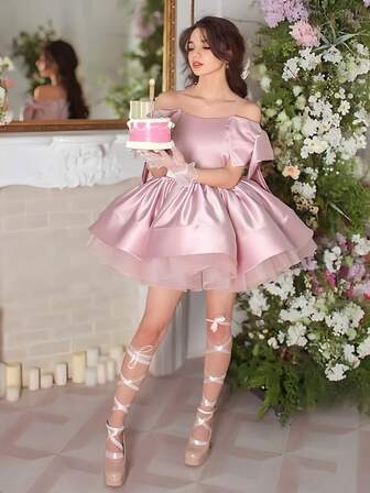 Vestido de satén con hombros descubiertos y lazo para adolescentes, vestido de princesa, adecuado como regalo de cumpleaños para adolescentes, cena formal, baile de graduación, fiesta de cóctel, dama de honor en boda, anfitriona, ocasión especial, celebración festiva