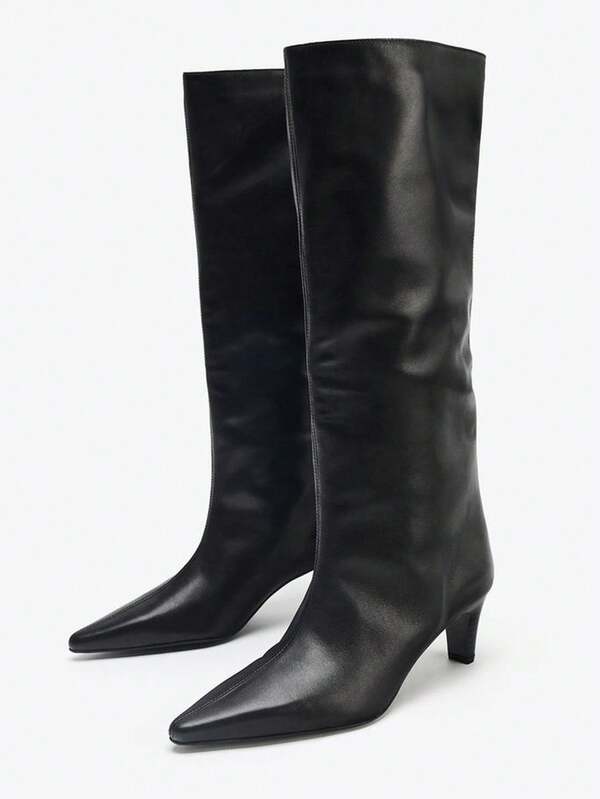 Western Style Holiday Minimalist High-End Kitten Heel Ankle Boots For Women, 2025 Wide Shaft Mid-Calf Skinny Boots, Fall, Winter, Autumn, Workwear Boots, Knee High Boots