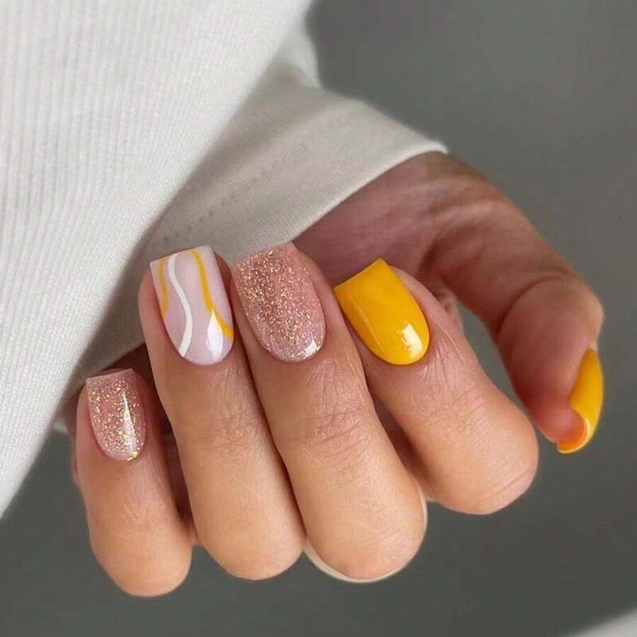 Press On Nails: Short Square Glitter Glossy Glue On False Nails With Yellow Swirl Design - 24pcs Reusable Acrylic Nails For Women's Manicure - 黃色 - 查看 1