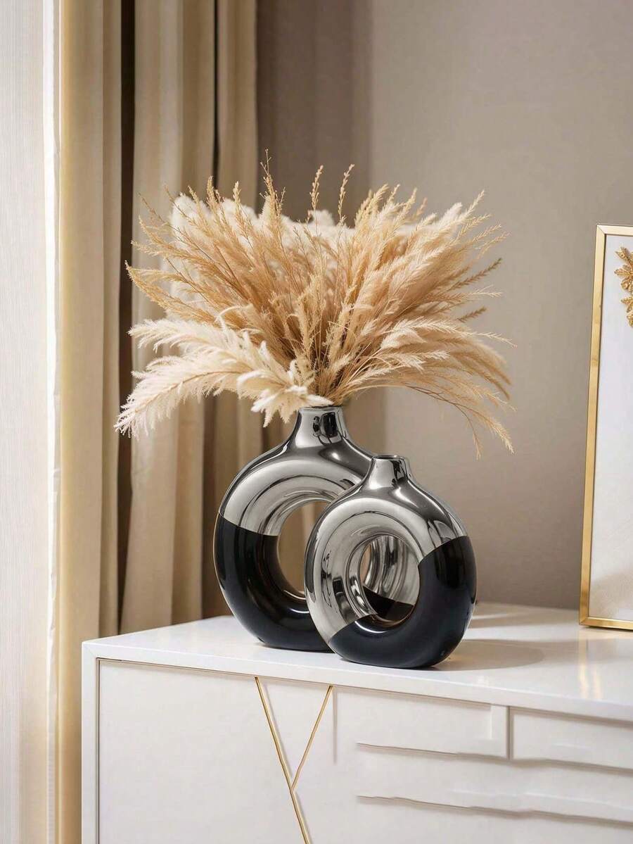 White Silver/Black Silver Ceramic Vase, Round Vase, Suitable For Home Decor, Round Decorative Vase, Silver Vase, Suitable For Living Room Decor, Gold Vase, Suitable For Home Decor, Also Suitable For Kitchen And Coffee Table. Glass Vase, - Multicolor - View 1