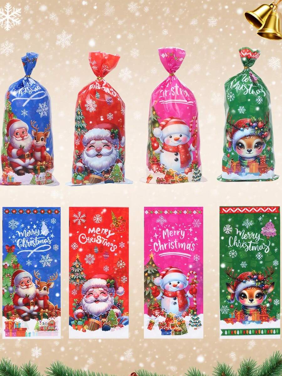 50 个装圣诞糖果袋，5 英寸 X 10 英寸玻璃纸袋，带有圣诞老人、雪人、驯鹿、圣诞树图案，大提琴袋 4 种图案，圣诞派对装饰礼品袋，圣诞节圣诞装饰圣诞睡衣圣诞礼物圣诞装饰 - 彩色 - 查看 1