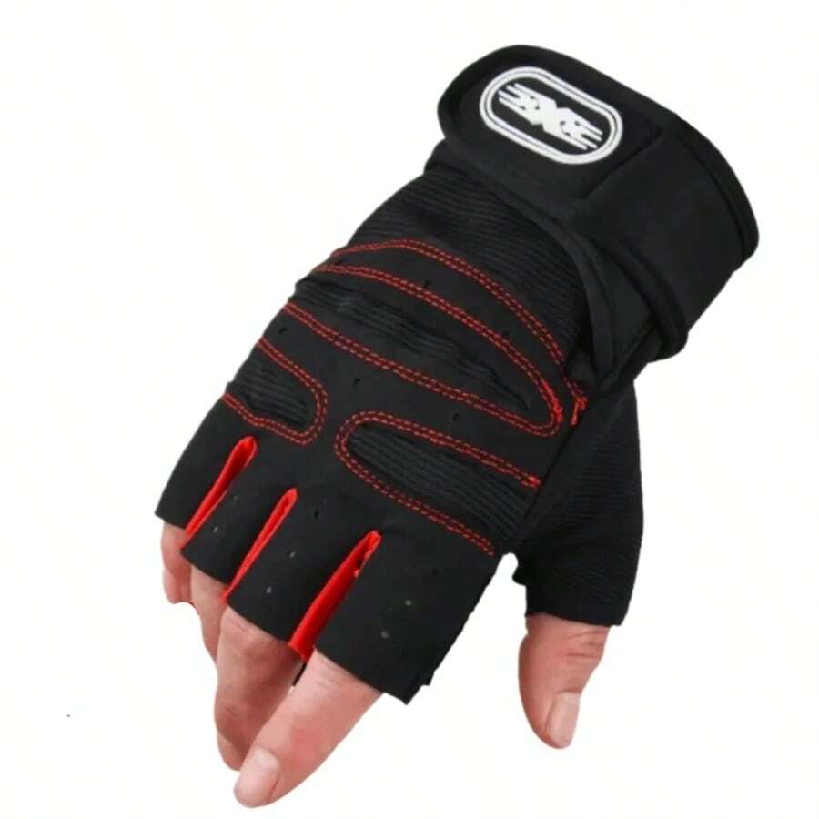 男女通用健身举重护腕和手套，适用于健美、运动锻炼和骑行，具有减震功能 - 紅色 - 查看 1