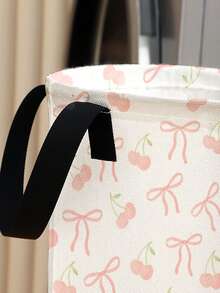 1pc Foldable Round Storage Basket With Handles, Large Capacity, Butterfly Print Design, Multi-Purpose For Bathroom, Bedroom, Laundry, Toys, Clothing Storage