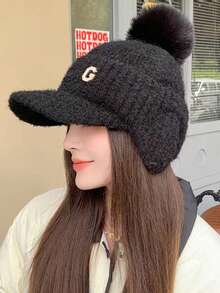 1pc Women Outdoor Cycling Warm Winter Knitted Fur Lining G Letter Plain Color Windproof Earflap Hat, Suitable For Snow Sports And Daily Use - Multicolor - View 25