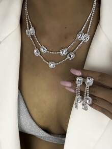 New Arrival Hot Selling Colorful Double-Layer Crystal Necklace & Earrings Set, Bridal Accessories, Party & Evening Fashion Rhinestone Jewelry Set