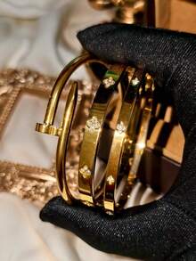 4pcs Luxury Stainless Steel Rhinestone Clover & Star Bangle Bracelet Set, Vintage Elegant Jewelry Suit For Women, Suitable For Daily Wear, Gift, Party, Fashionable Christmas Present - Gold - View 17