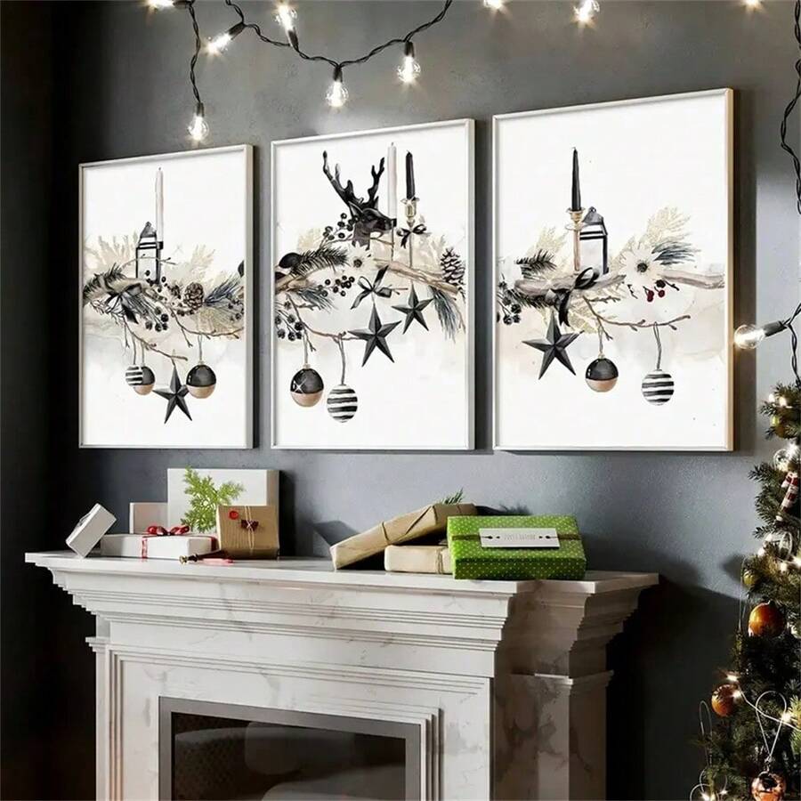 1 pièce/3 pièces Impressions sur canevas inspirées du style nordique - Joyeux Noël, affiche murale avec cerf lampe pour salon, chambre, bureau à domicile - Décoration vintage et classique avec cadre en option