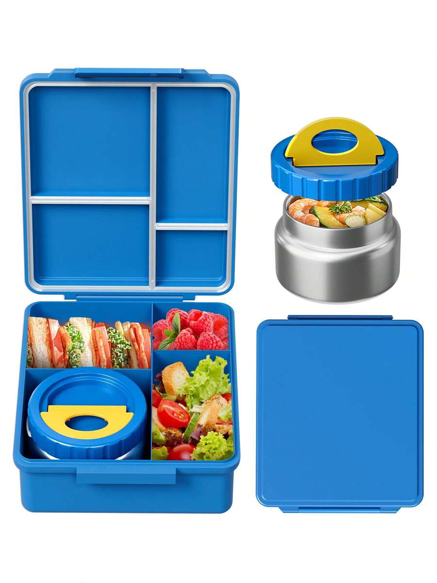 Meoky Bento Lunch Box With 9oz Soup Thermo, Leakproof Lunch Food Containers With 4 Compartment, Thermo Insulated Hot Food Jar For School, Office, Travel, And Picnics - 藍色 - 查看 1