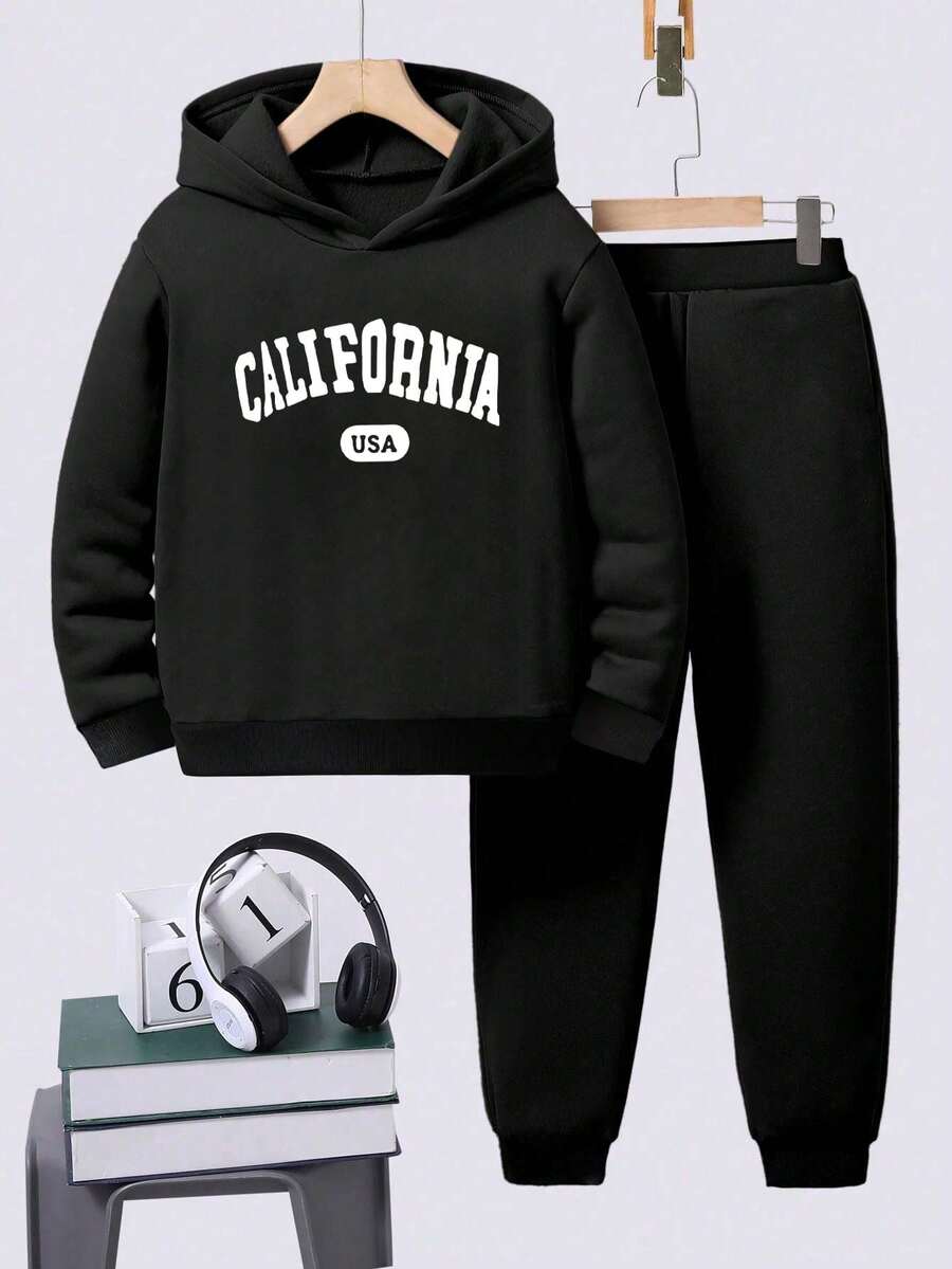 2pcs/Set Tween Boy Casual Letter Print Fleece Hoodie Sweatshirt And Pants Set, Dark Heather Gray - Black - View 1