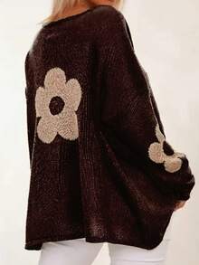 Plus Size Women Elegant Floral Pattern Loose Fit Crew Neck Drop Shoulder Long Sleeve Sweater, European & American Style, Suitable For Christmas, Spring/Autumn - Coffee Brown - View 4