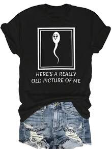 Camiseta "Aquí hay una foto mía realmente antigua" Mujer Unisex Verano Casual Transpirable Personalidad Cuello Redondo Manga Corta Camiseta Ropa de Calle Versátil, Adecuada para Adolescentes y Adultos - Negro - Ver 1