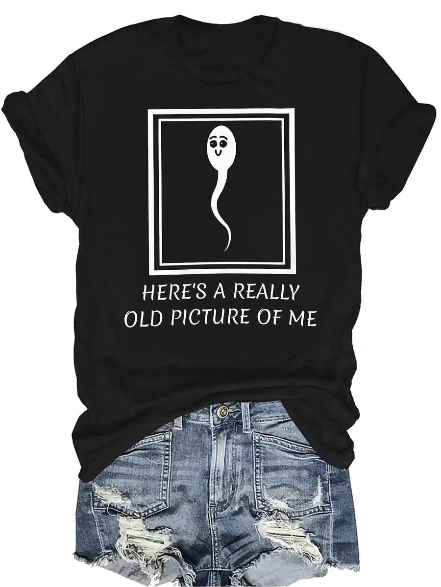 Camiseta "Aquí hay una foto mía realmente antigua" Mujer Unisex Verano Casual Transpirable Personalidad Cuello Redondo Manga Corta Camiseta Ropa de Calle Versátil, Adecuada para Adolescentes y Adultos - Negro - Ver 1