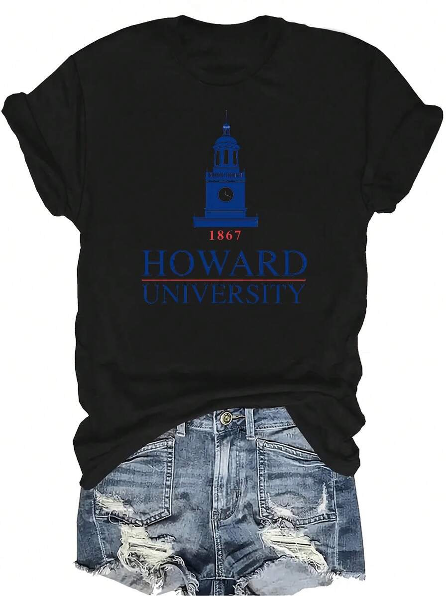 Camiseta HOWARD UNIVERSITY 1867 para mujer y unisex, de verano, casual, transpirable, con personalidad, cuello redondo, manga corta, ropa de calle, versátil, adecuada para adolescentes y adultos - Negro - Ver 1