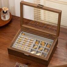 1pc Double Layer Vintage Wooden Jewelry Box, Flip Lid Clear Tabletop Organizer For Necklaces, Earrings, And Accessories, Fabric Lined, Multipurpose Rectangle Shape Single-Layer Storage Box For Women Storage Organizer Travel Essentials Back To School Dormitory Storage