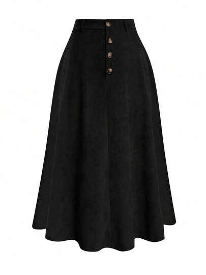 Jupe vintage en velours côtelé à taille haute et coupe évasée pour femmes, jupe à taille élastique et design de boutons, printemps