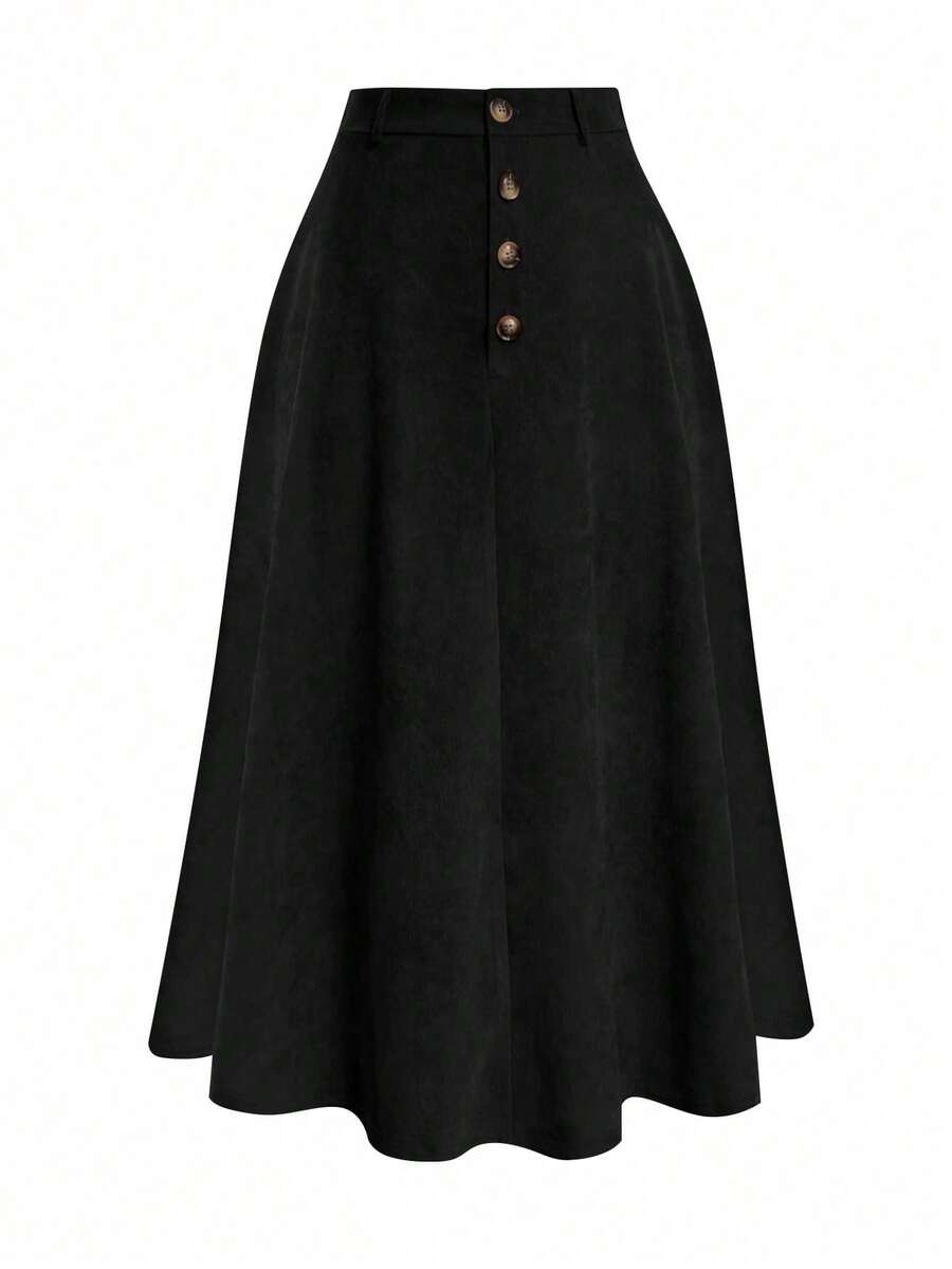 Chân váy chữ A cạp cao kiểu vintage bằng vải nhung kẻ dành cho nữ cỡ lớn, cạp chun co giãn, thiết kế cài nút, màu đen mùa xuân. - màu đen - Xem 1