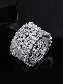 奢华立方氧化锆万花筒戒指，白金镀铜，适合女性婚礼、订婚和节日礼物 - 銀色萬花筒 - 查看 3