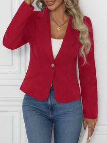 Chaqueta deportiva de mujer de unicolor y elegante, adecuada para ir al trabajo y para uso casual en otoño, conjunto de vestir casual de otoño para mujer, chaqueta de invierno para mujer - Rojo - Ver 5