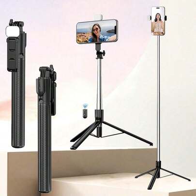 可伸缩手机自拍杆，带灯和无线遥控器的独立式三脚架，可折叠旋转夹，一体式金属伸缩杆，手持便携，适用于视频拍摄和直播