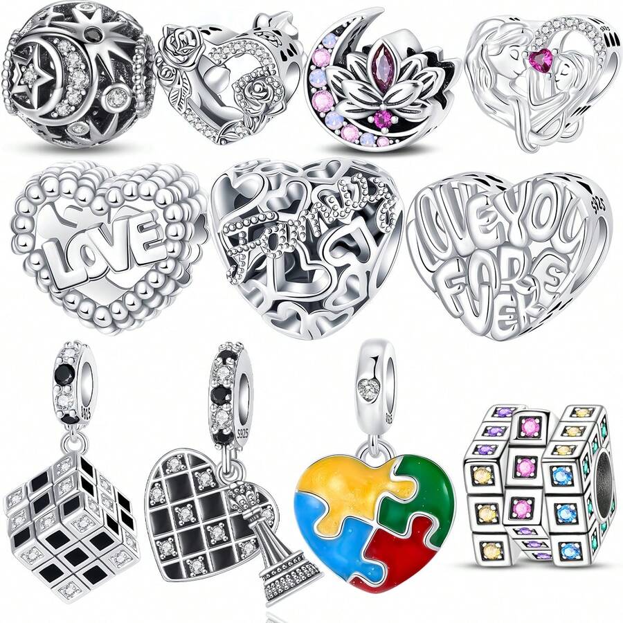 Silver Plated Charms Hollow Heart To Heart Purple Zirconia Lotus Mother And Daughter Embrace Stars Moon Cross Rubik Cube Colorful Zirconia Rubik Cube Hollow Heart Beads Cute And Colorful Heart-Shaped Puzzle Design Series Beads Charm Fit Original Bracelet Charm Beads Necklace Diy Female Jewelry