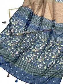 1条简约印花丝巾，轻盈透气，流苏披肩，优雅时尚的设计，适合女性，春夏百搭真丝围巾，户外防晒沙滩巾，连衣裙头巾。 - 藏青色 - 查看 6