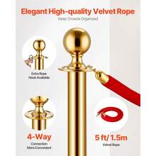 Stanchion Post, 4 Pcs Crowd Control Barrier Set With 3 Ropes, 5 Ft Stainless Steel Gold Stanchion Post Queue With Sand Injection Hollow Base For Theater, Party, Wedding, Exhibition - Multicolor - View 6