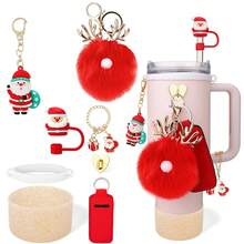 8 Stück Weihnachts-Becher-Zubehör für 40oz & 30oz Becher mit Henkel, inklusive Strohhalm-Aufsatz, Lippenstift-Halter, Becher-Manschette, Charm-Ornamente, Weihnachtsgeschenk