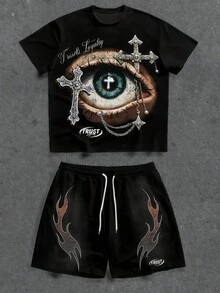 Manfinity Streetrush Men's Summer Casual Print T-Shirt & Shorts Set Of 2. | Graphic Tees And Men Shorts.| Religious Atmosphere Print. - 黑色 - 查看 1