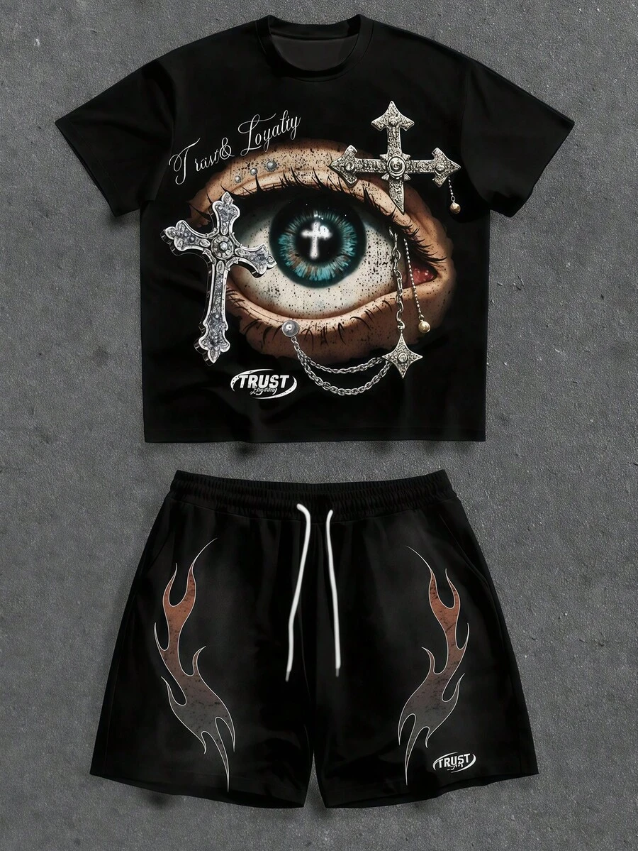 Manfinity Streetrush Men's Summer Casual Print T-Shirt & Shorts Set Of 2. | Graphic Tees And Men Shorts.| Religious Atmosphere Print. - 黑色 - 查看 1