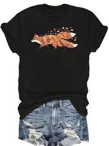 Camiseta de mujer con estampado de zorro de otoño, unisex, de verano, casual, transpirable, de cuello redondo, de manga corta, de uso versátil, adecuada para adolescentes y adultos - Negro - Ver 1