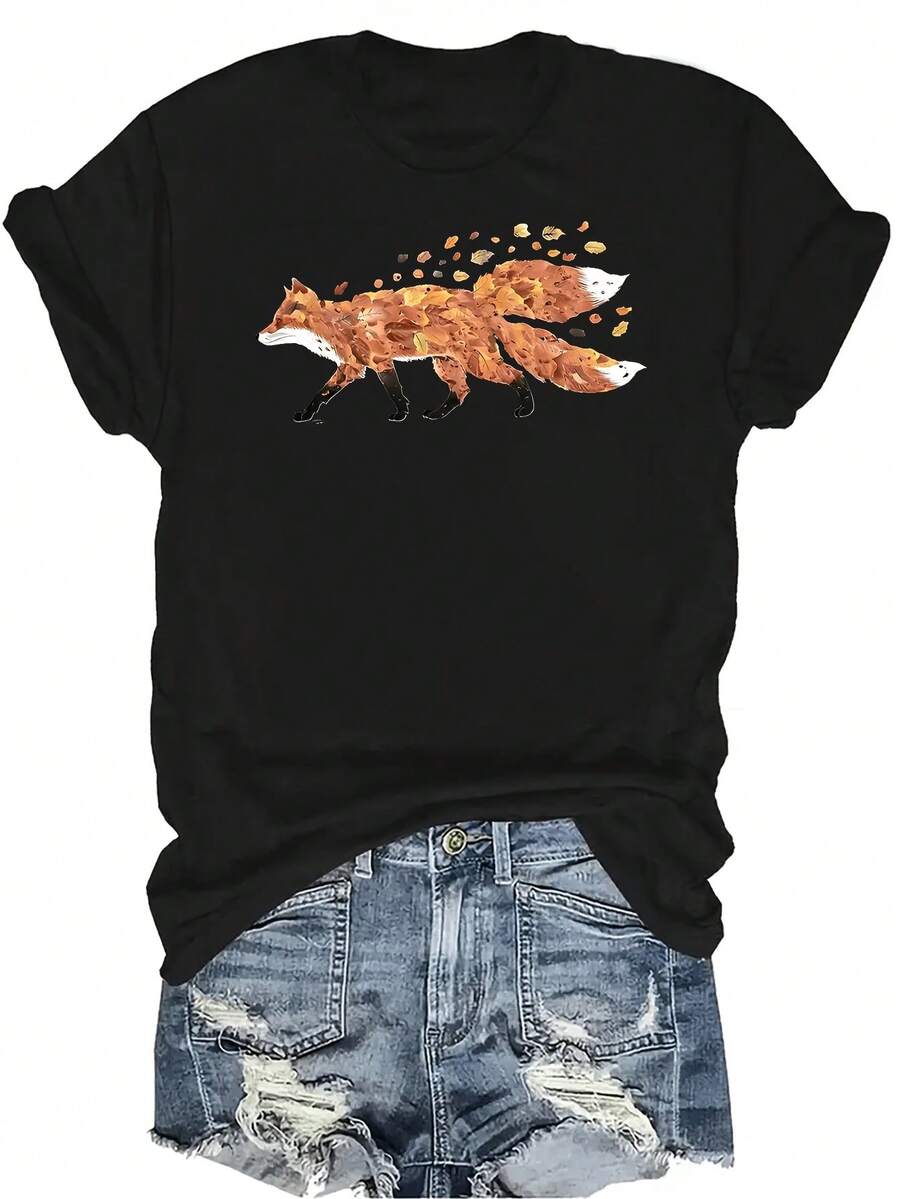 Camiseta de mujer con estampado de zorro de otoño, unisex, de verano, casual, transpirable, de cuello redondo, de manga corta, de uso versátil, adecuada para adolescentes y adultos - Negro - Ver 1