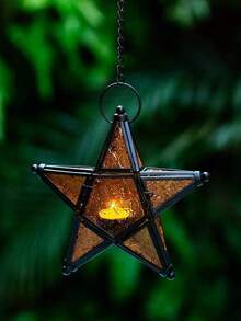 European Retro Style Color Windproof Glass Candle Holder, Pentagram Iron Hanging Embossed Glass Candle Holder ( Candles Not Included ), Holiday Atmosphere Atmosphere Home Decoration Pendant Glass Star Lantern Hanging Ornaments - Tea Light Lantern Window Hangings Living Room Patio Balcony Decoration Vintage