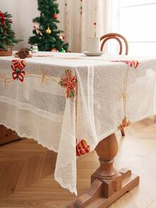 1 pieza Mantel con bordado de hoja de arce beige y campana, tema navideño de fibra de poliéster con encaje decorativo con borde de encaje para sala de estar, dormitorio, cocina, decoración navideña
