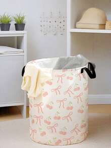 1pc Foldable Round Storage Basket With Handles, Large Capacity, Butterfly Print Design, Multi-Purpose For Bathroom, Bedroom, Laundry, Toys, Clothing Storage