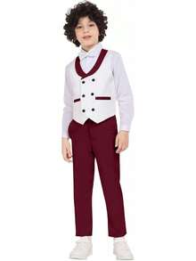 Boys Floral Jacquard 3 Piece Peak Lapel Tuxedo Suit Set Formal Kids Outfit For Wedding Party - Đỏ tía - Xem 4