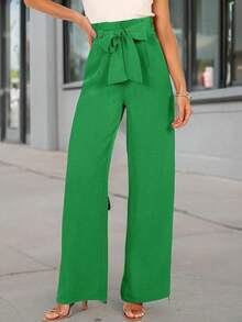Womens Wide Leg Palazzo Pants Belted High Waisted Business Casual Flowy Long Trousers With Pockets - 綠色 - 查看 8