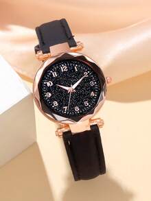 7pcs Black Starry Sky Quartz Digital Watch Set With 6pcs Lucky Flower Necklace, Bracelet, Ring, Earrings Jewelry Set, Suitable For Festivals, Parties, Weddings And Daily Wear, Can Be Given As Mother's Day Or Easter Gift - Black - View 3