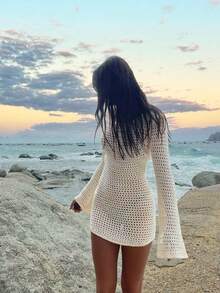 Vestido de punto transparente de unicolor, sexy y con espalda descubierta para playa y vacaciones, para primavera/verano - Crema - Ver 8